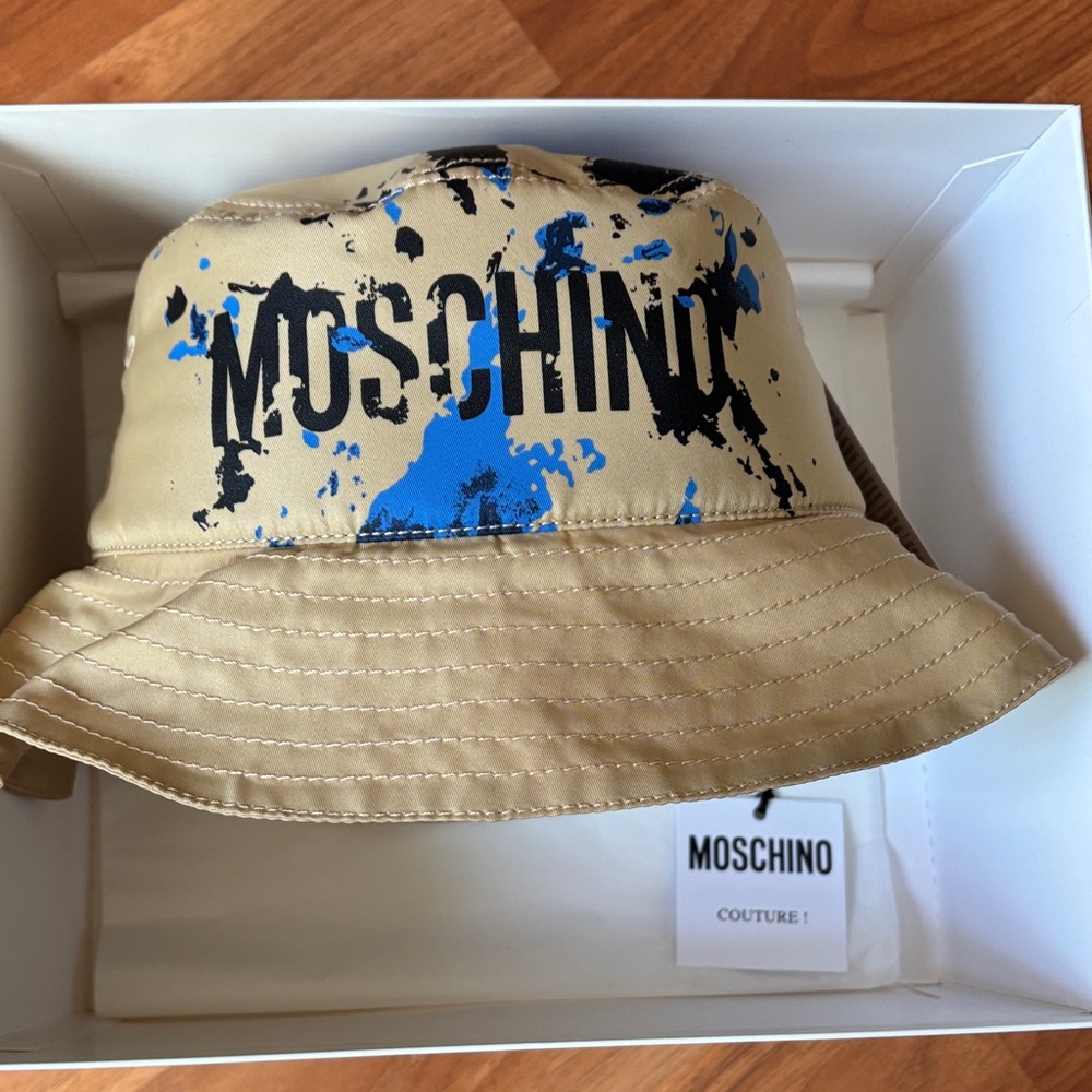 Moschino Beige and Blue Graphic Bucket Hat